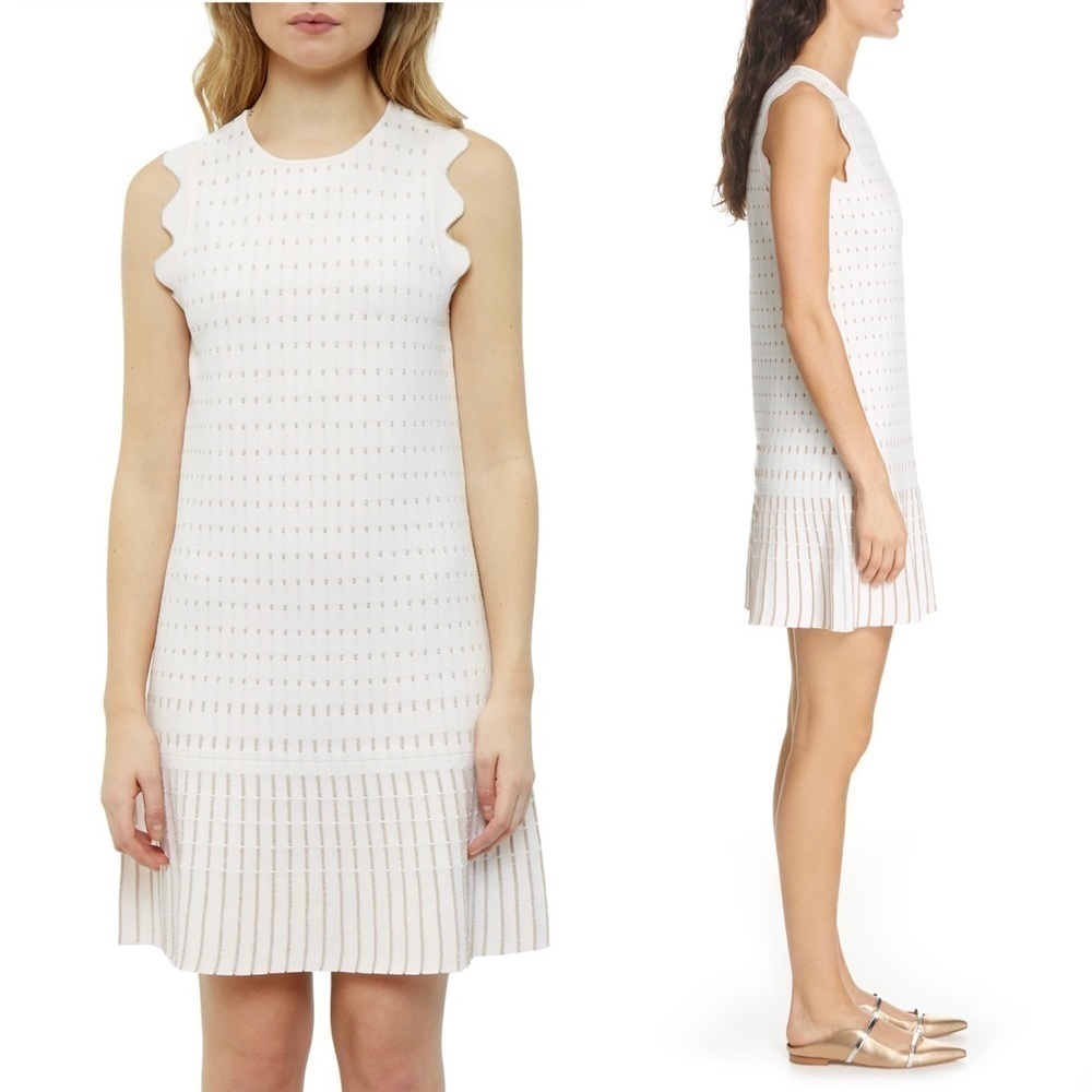 NWT TED BAKER‎ Gold Embroidered Knit Sleeveless Ruffle Flip Skirt Shift Dress 12 - Picture 7 of 16